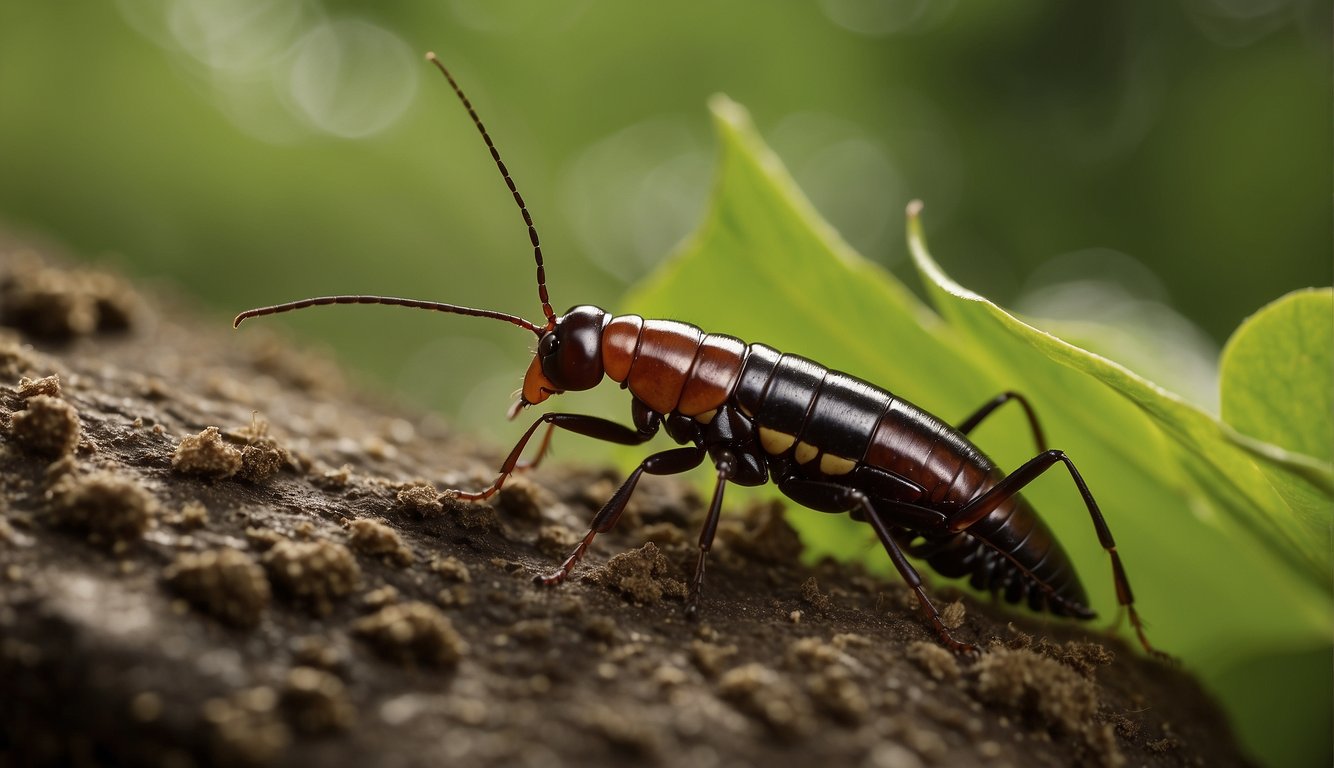 An earwig crawls on a leaf, its pincers raised. A small bottle labeled "earwig bite treatment" sits nearby