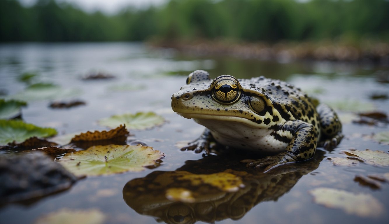 Amphibians surrounded by polluted water and dying vegetation