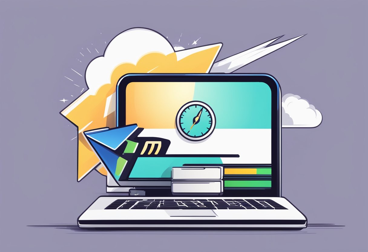 A computer booting up quickly, with a speedometer icon and a lightning bolt symbol, representing fast startup