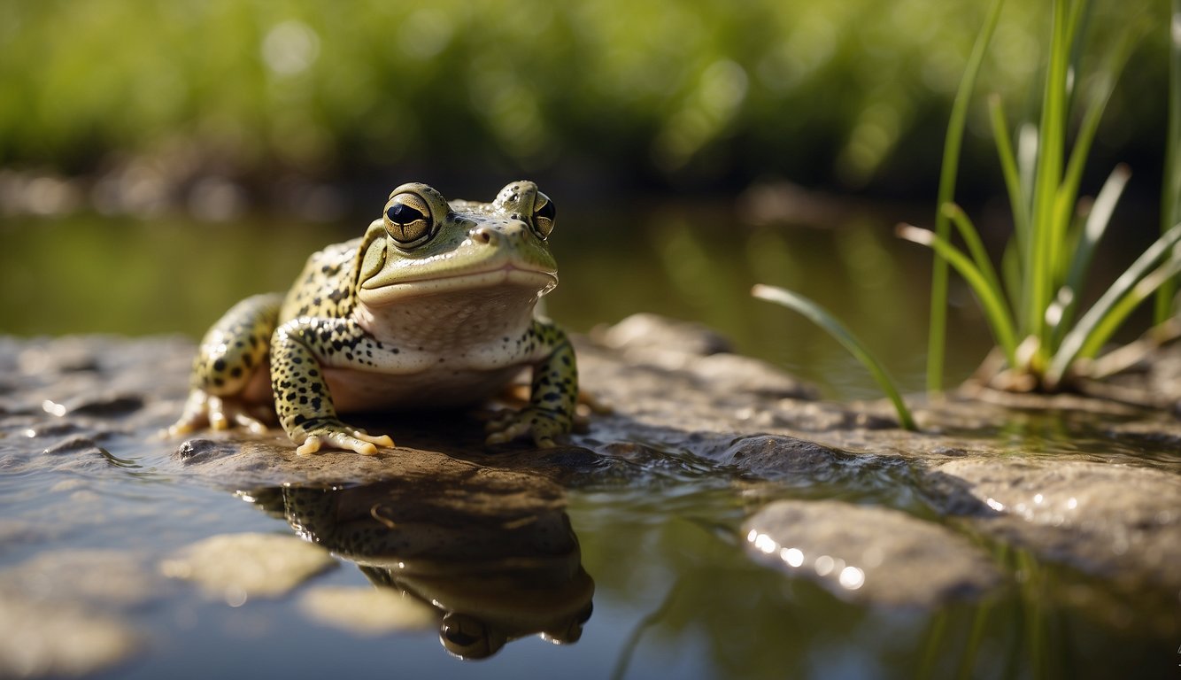 An amphibian sits on the edge of a pond, with one foot in the water and the other on land, showcasing its ability to live in both environments