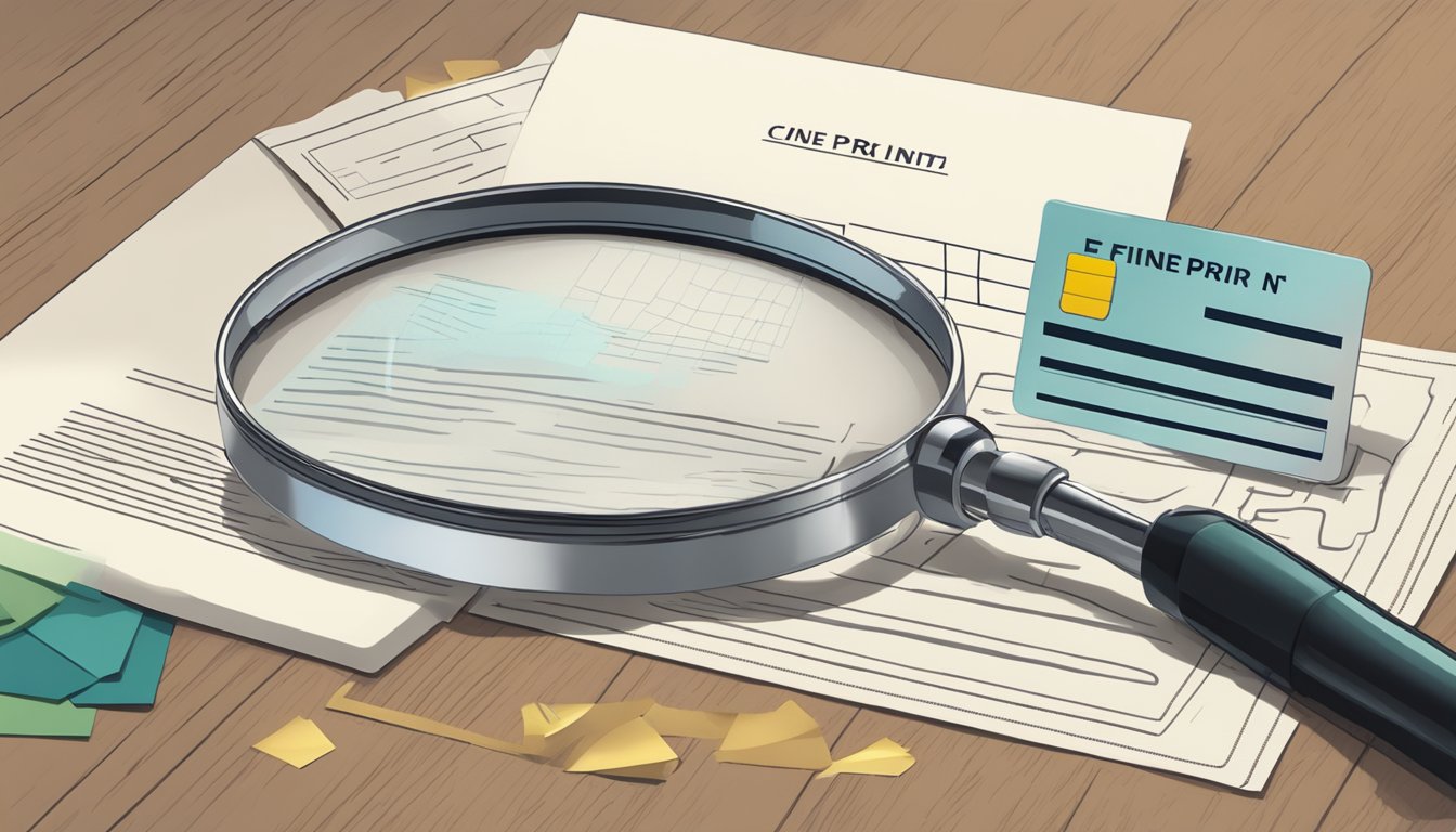 A magnifying glass hovers over a contract with "Fine Print" highlighted, while a reward points card sits nearby