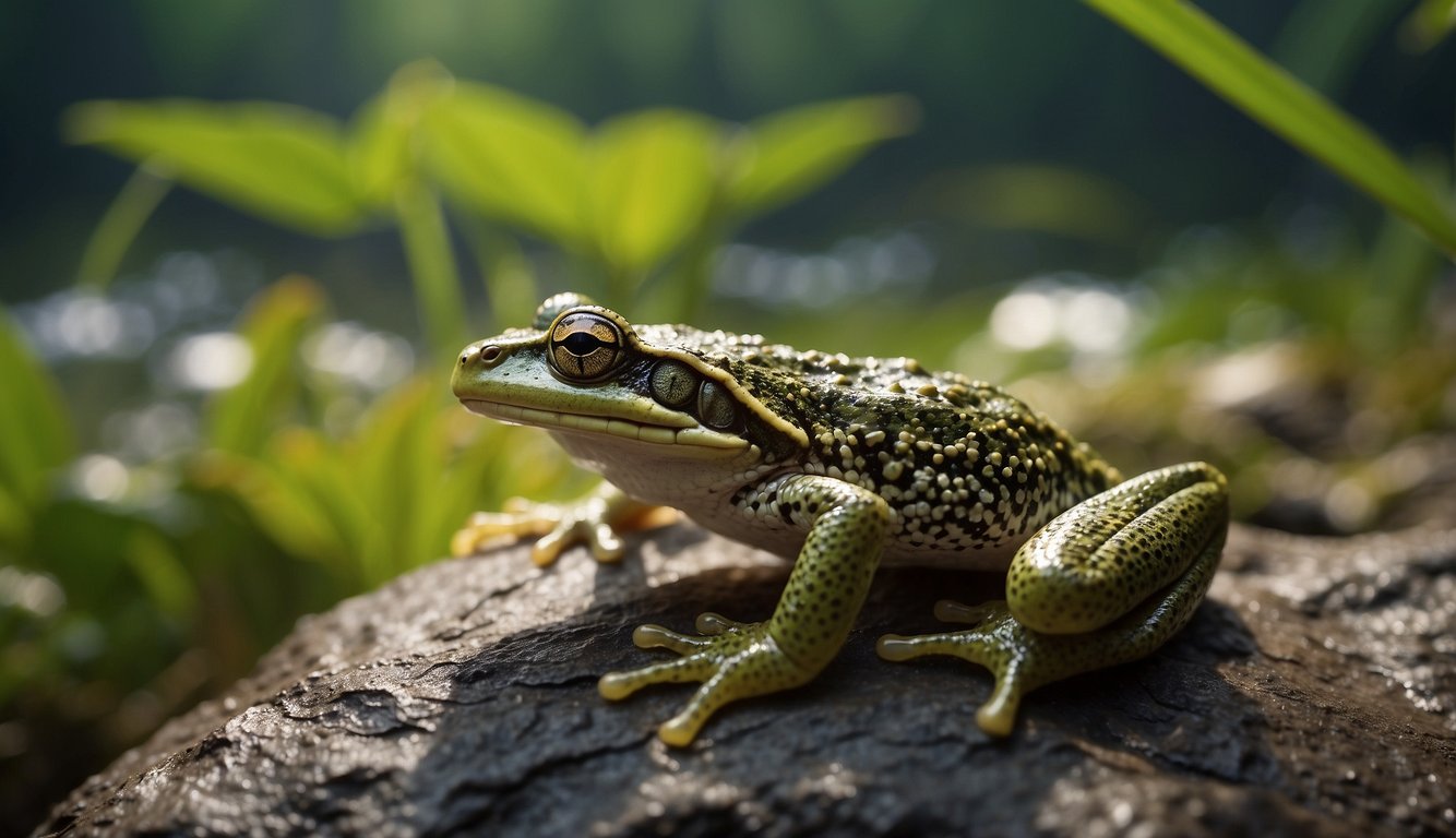 Amphibians navigate between aquatic and terrestrial environments.

They hunt insects and small prey while avoiding predators like snakes and birds