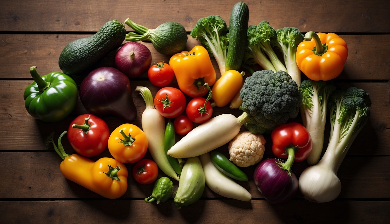 A variety of vibrant, uniquely shaped vegetables arranged on a rustic wooden table, casting interesting shadows in soft natural light