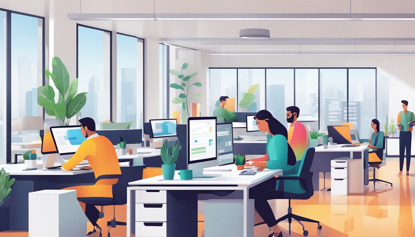 A modern office with people using Easicredit app on their devices. Bright colors and clean lines convey a sense of efficiency and ease