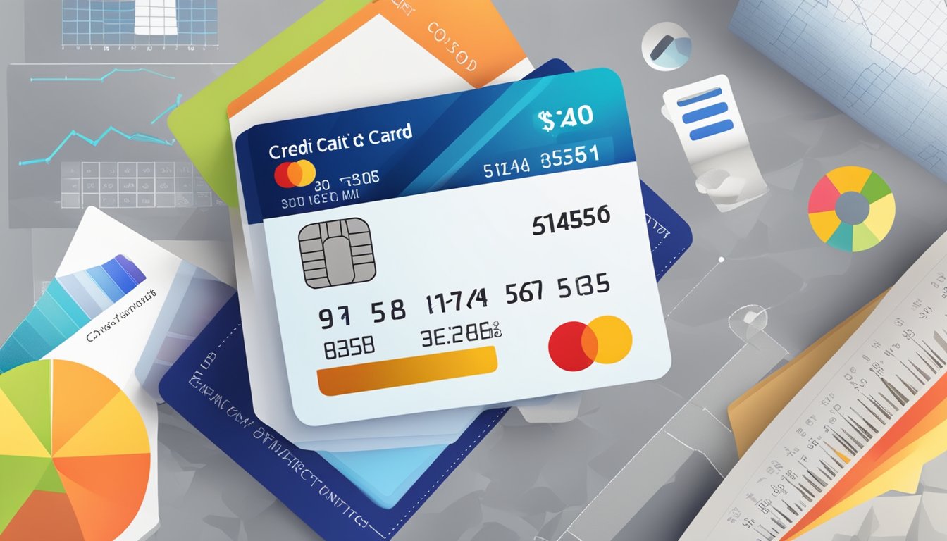 A credit card with "Credit Limit and Interest Rates" displayed prominently, surrounded by financial charts and graphs