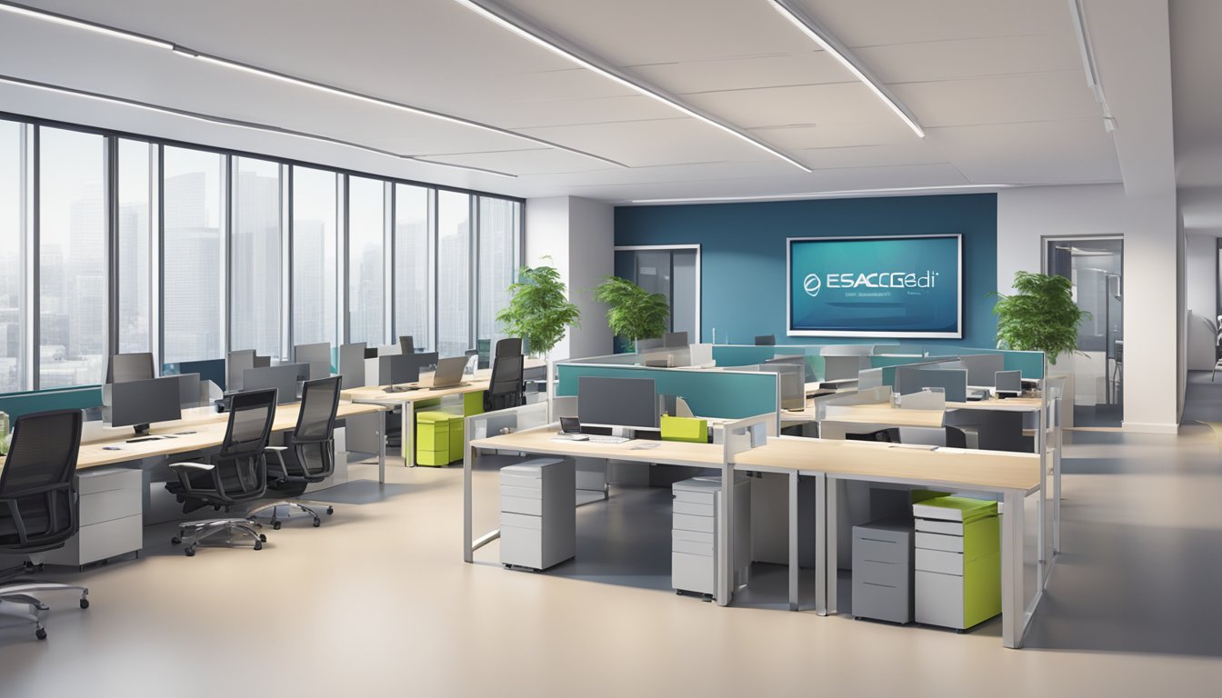 A modern office setting with the EasiCredit logo prominently displayed on a digital screen, with a sleek and professional atmosphere