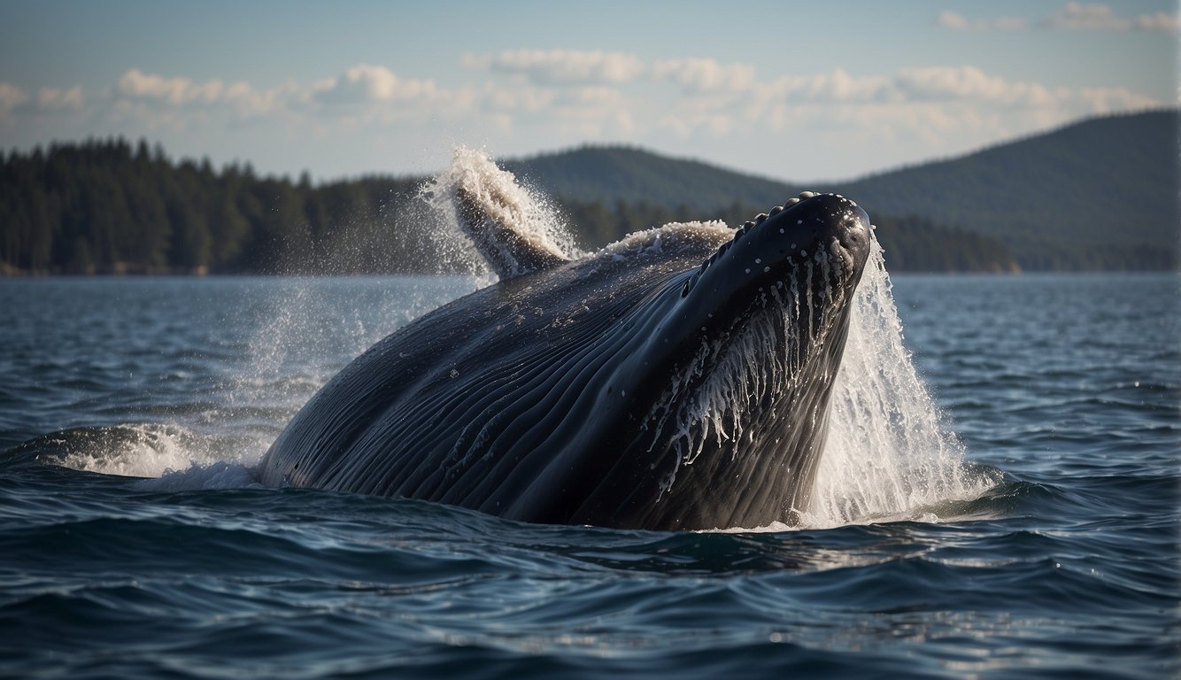A whale surfaces, exhales forcefully through its blowhole, then inhales deeply before submerging again