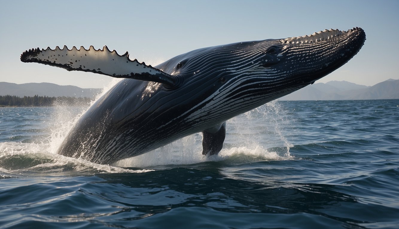 A humpback whale dives deep into the ocean, gracefully gliding through the water as it holds its breath, its powerful tail propelling it forward