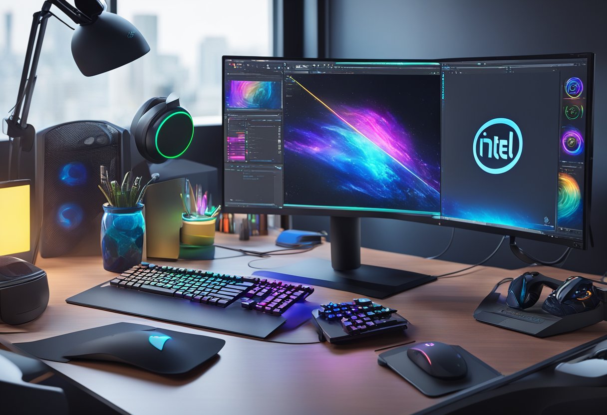 An Intel i5 processor sits on a sleek desk, surrounded by gaming peripherals. The screen displays high-quality graphics, showcasing its gaming capabilities