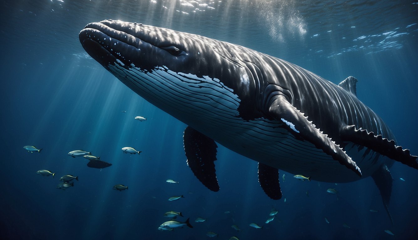 A humpback whale peacefully rests in the deep blue ocean, surrounded by schools of shimmering fish and drifting seaweed.

It exhales a powerful spout of water and air, creating a mesmerizing spray against the serene underwater world