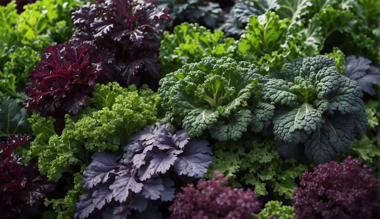 Various types of kale, such as curly, lacinato, and red Russian, displayed in a colorful array with vibrant green, blue-green, and purple leaves
