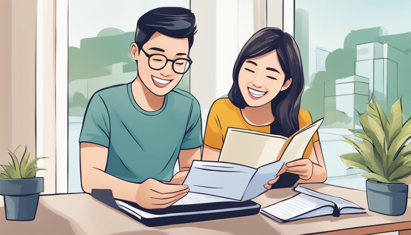 A young couple excitedly browsing through brochures and online listings of affordable flats for first-time buyers in Singapore