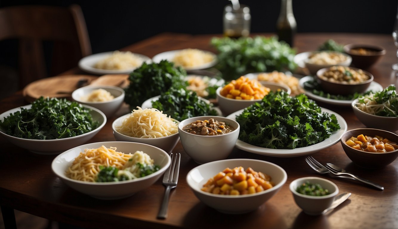 A table set with dishes of various cuisines, showcasing the diversity of kale in different culinary styles