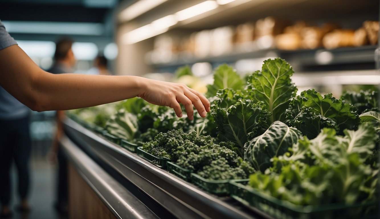 A hand reaches for various types of kale at a grocery store, then stores them in the refrigerator at home