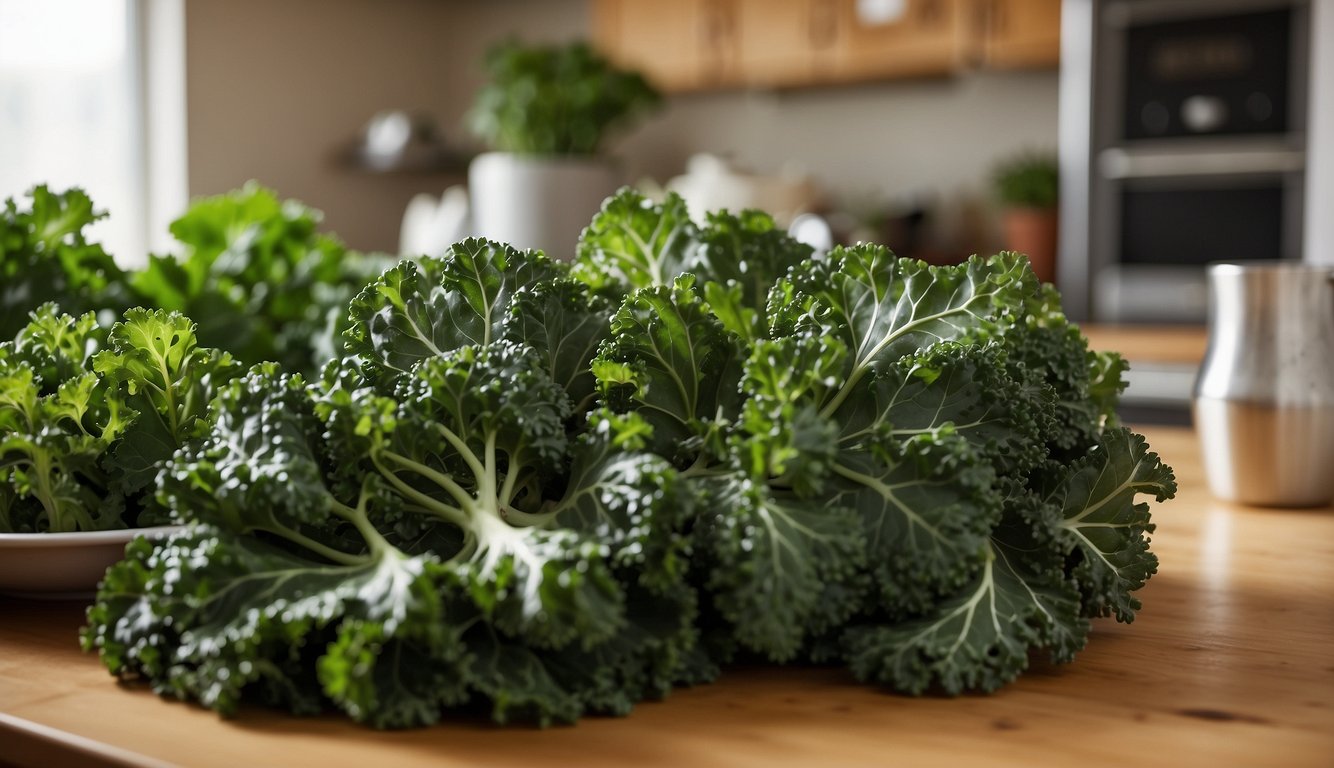 Fresh kale leaves of various shapes and sizes spread across a kitchen counter, with a variety of kale types displayed in the background