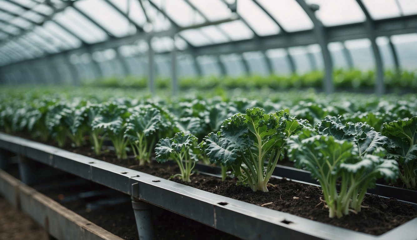 Various types of kale plants thriving in a futuristic, technologically advanced greenhouse