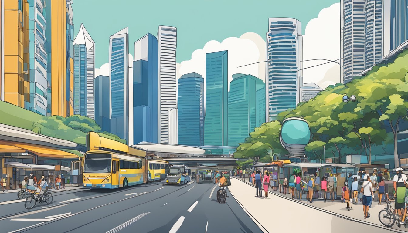 A bustling city street in Singapore, with colorful buildings and busy traffic. The iconic Marina Bay Sands hotel and the Singapore Flyer can be seen in the distance