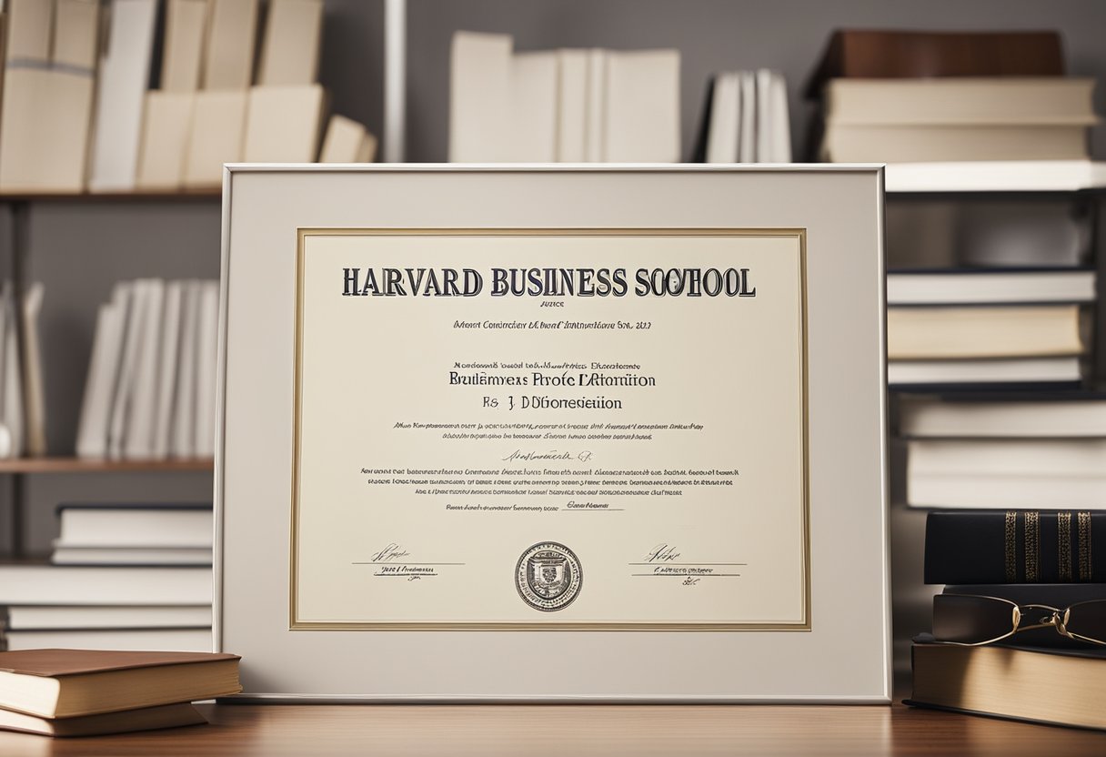 A Harvard Business School diploma hangs on an office wall, surrounded by books and a sleek desk, symbolizing achievement and professionalism