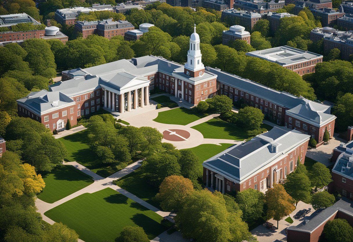 Aerial view of Harvard Business School Online campus, with iconic buildings and green spaces