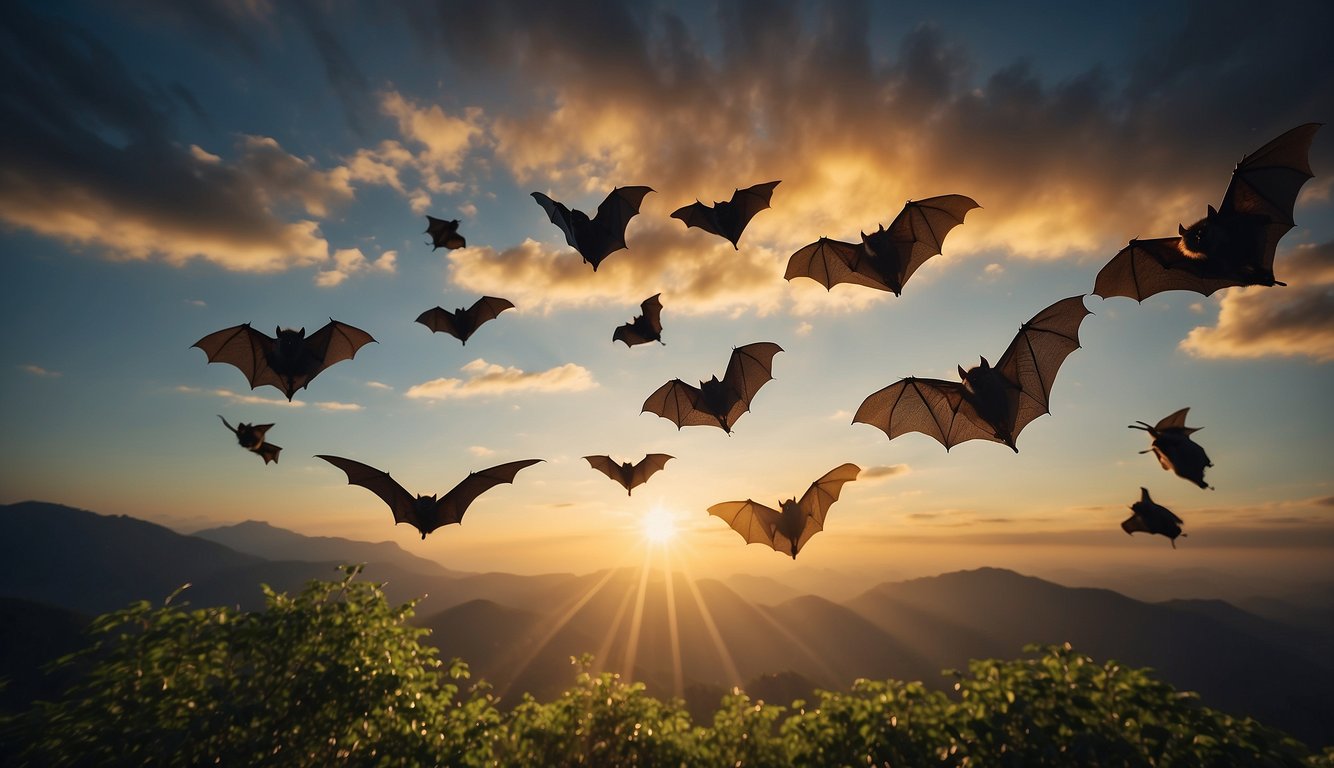 Bats of various species in flight across different global habitats, showcasing their unique ability as the only flying mammals