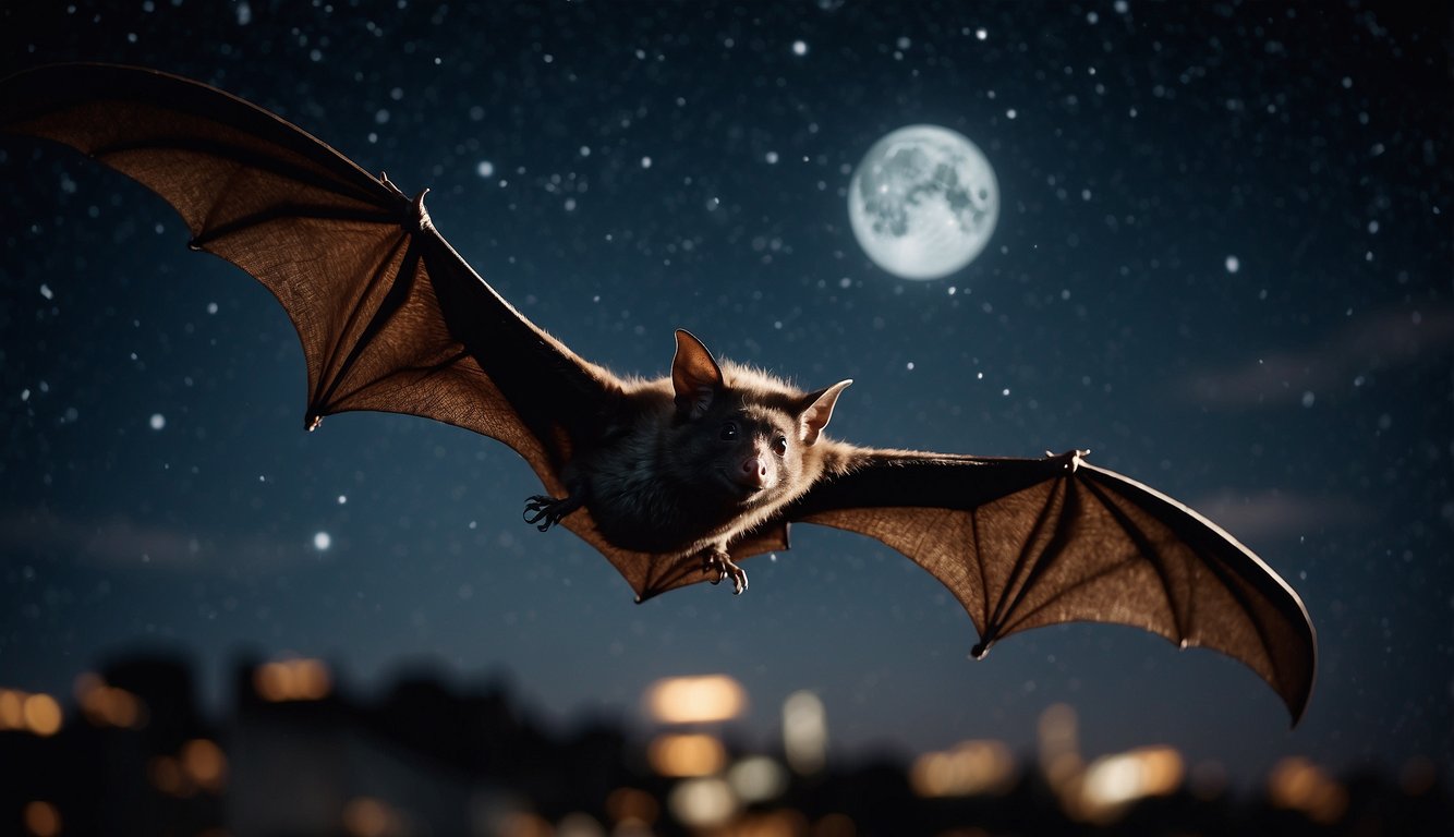 Bats in flight, with wings outstretched.

They navigate through the night sky, showcasing their unique ability as the only flying mammals