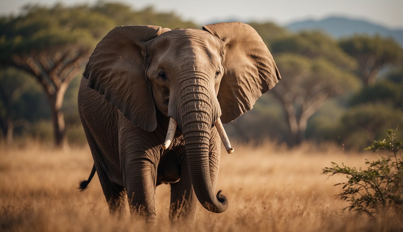 An elephant stands in the savannah, its large ears outstretched as it listens intently to the sounds of the surrounding wildlife