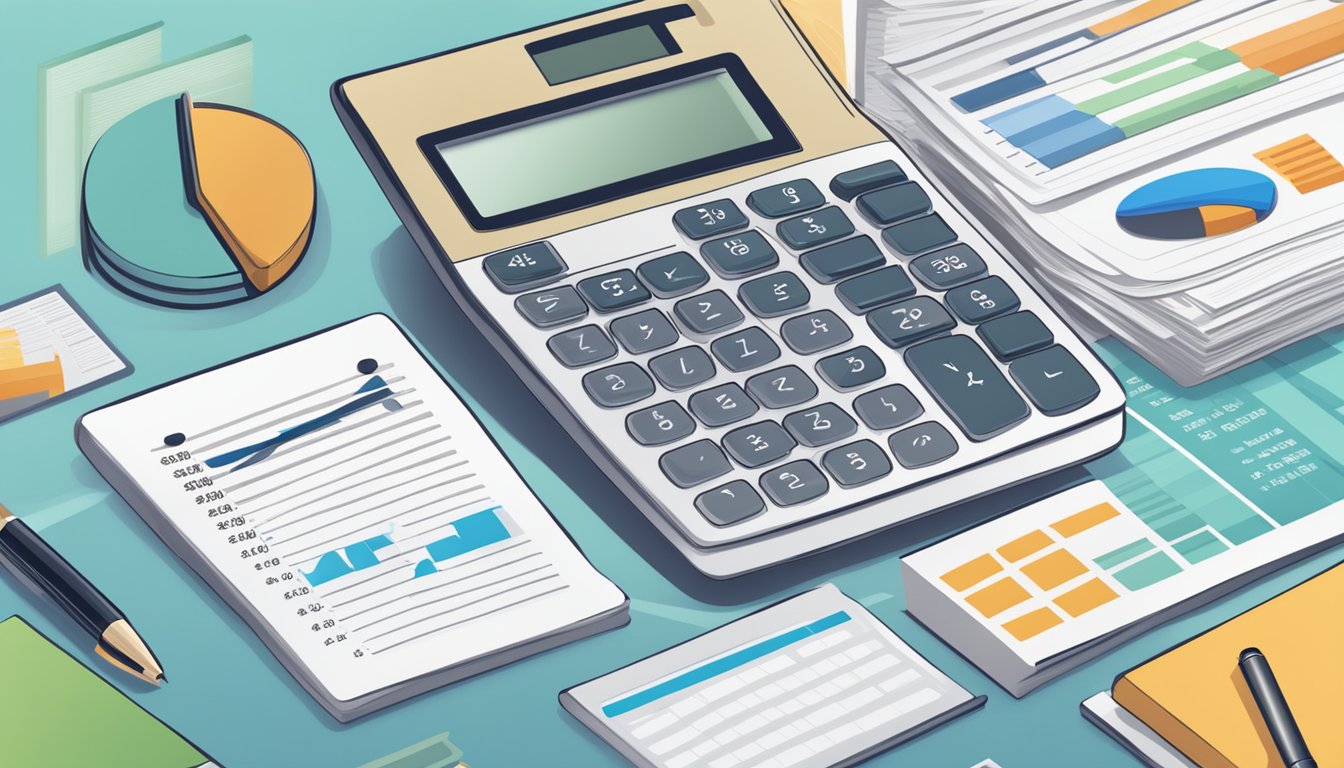A calculator with the logo of the Singapore government, surrounded by financial documents and a computer screen displaying grant information