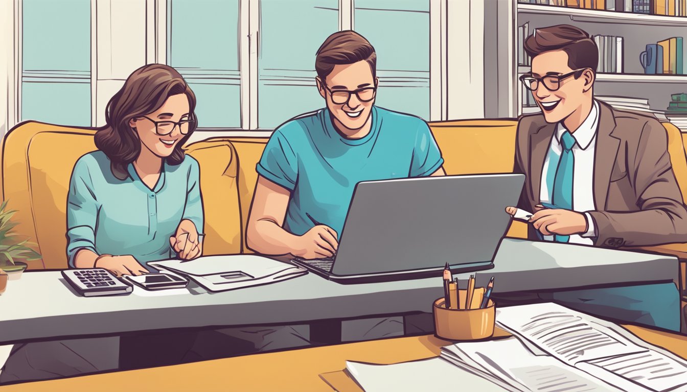 A couple excitedly reviews a document labeled "Enhanced CPF Housing Grant (EHG)" on a laptop, with a calculator and pen nearby