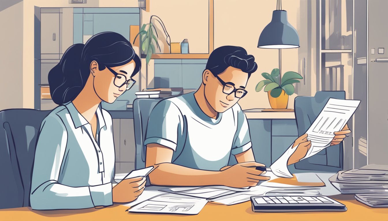 A couple sits at a table, calculating their HDB flat purchase using a grant calculator. Papers and a calculator are spread out in front of them