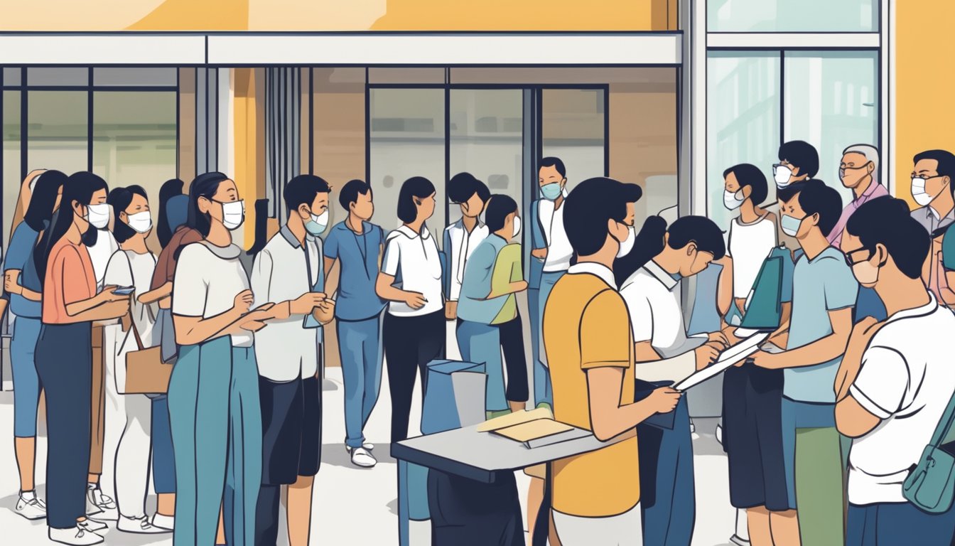 A line of people outside a government office, filling out forms and submitting documents for HDB flat EHG grant