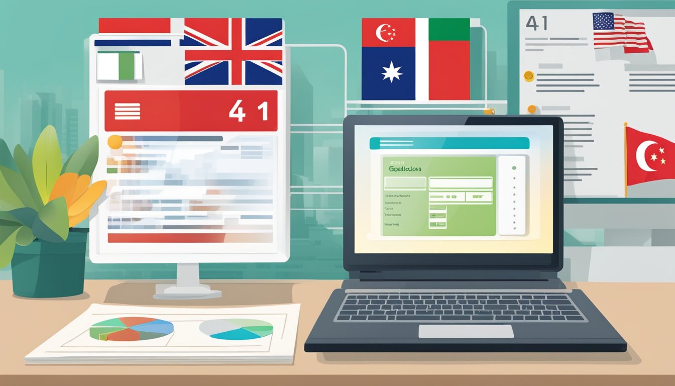 A computer screen displaying the EHG grant calculator website with a list of frequently asked questions and a Singapore flag in the background