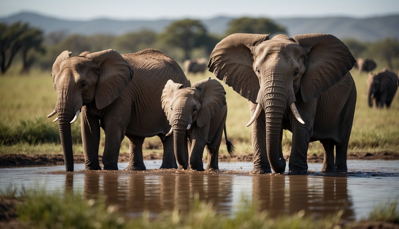 Elephants gather around a watering hole, their large ears raised as they listen for potential threats.

Poachers lurk in the distance, posing a danger to the majestic creatures