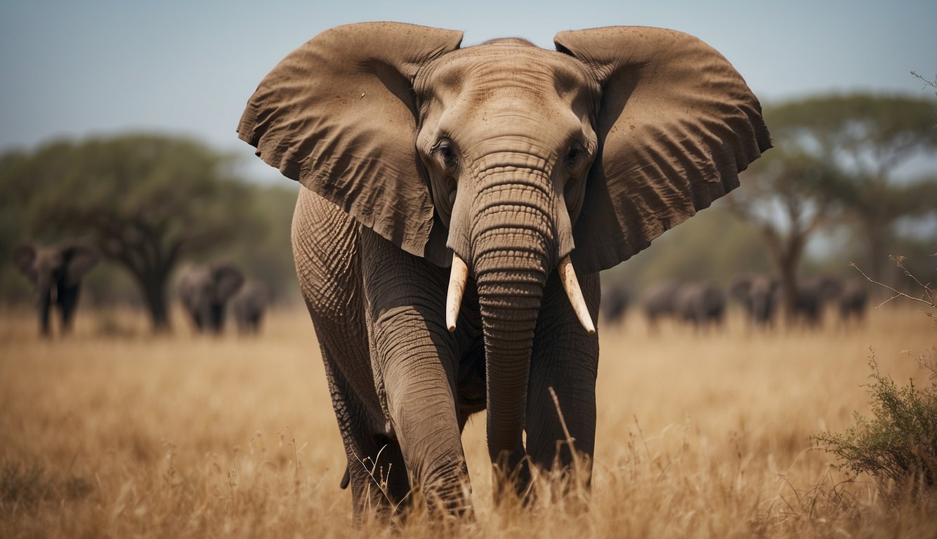 An elephant with large ears stands in a savanna, surrounded by other wildlife.

The elephant's ears are prominently displayed, drawing attention to their size