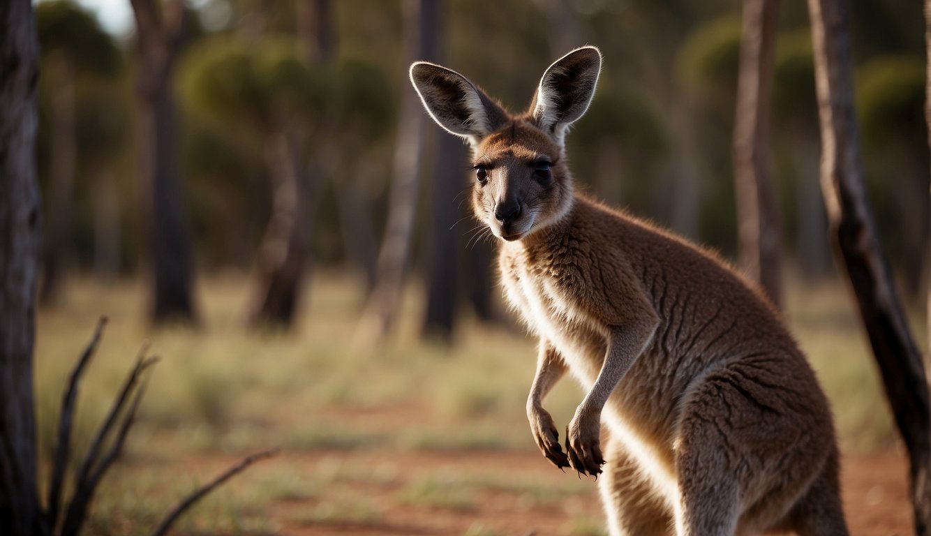 A kangaroo hops across the outback, a joey peeking out from its mother's pouch, curious eyes taking in the world