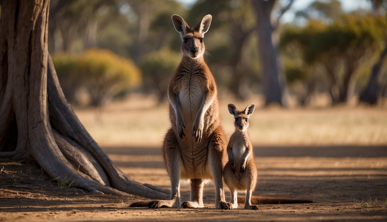 A female kangaroo stands on her hind legs with a joey peeking out of her pouch, illustrating how kangaroos carry their babies