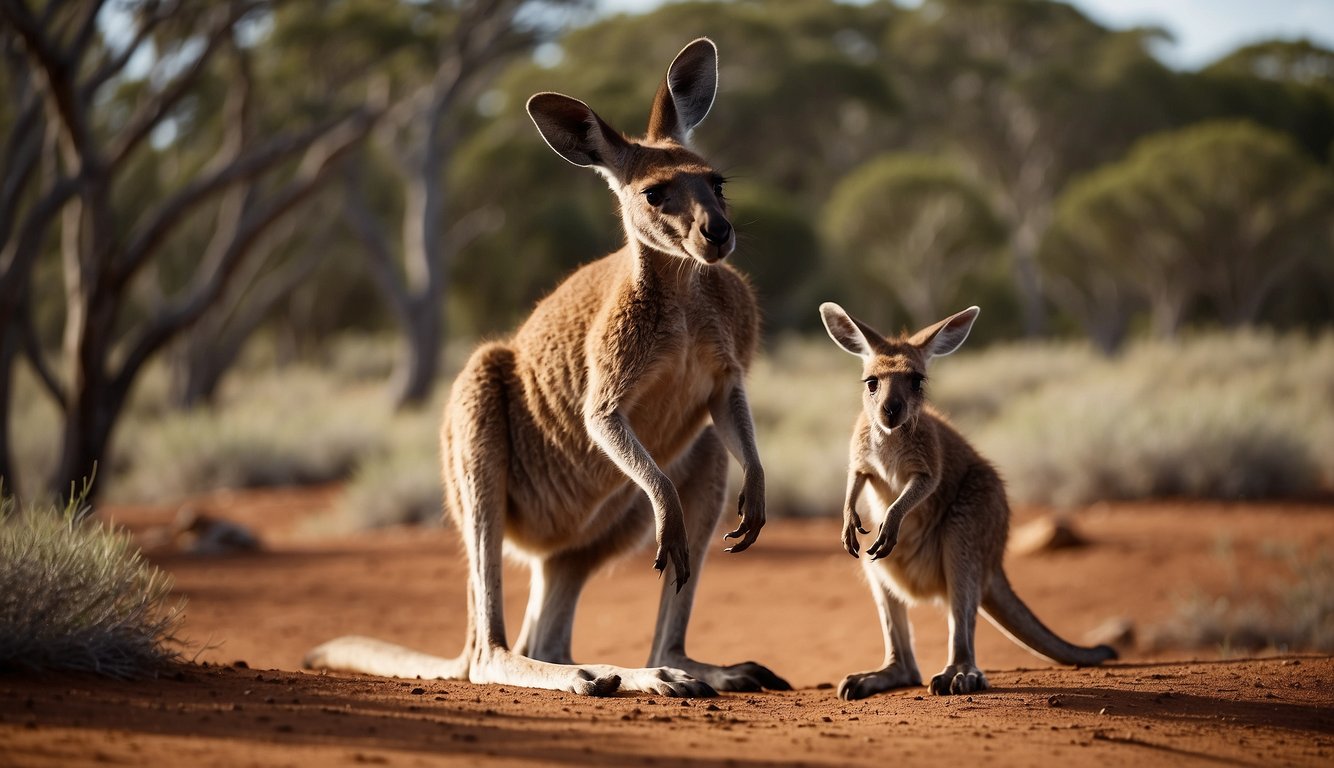A kangaroo mother hops through the Australian outback with her joey peeking out from her pouch, using her powerful hind legs to navigate the rugged terrain