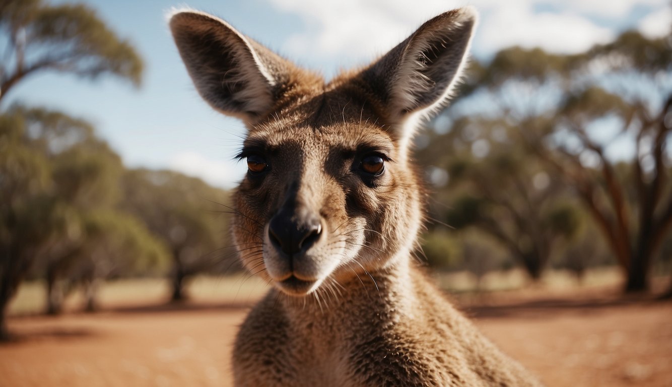 A kangaroo with a joey peeking out of its pouch, hopping through the Australian outback