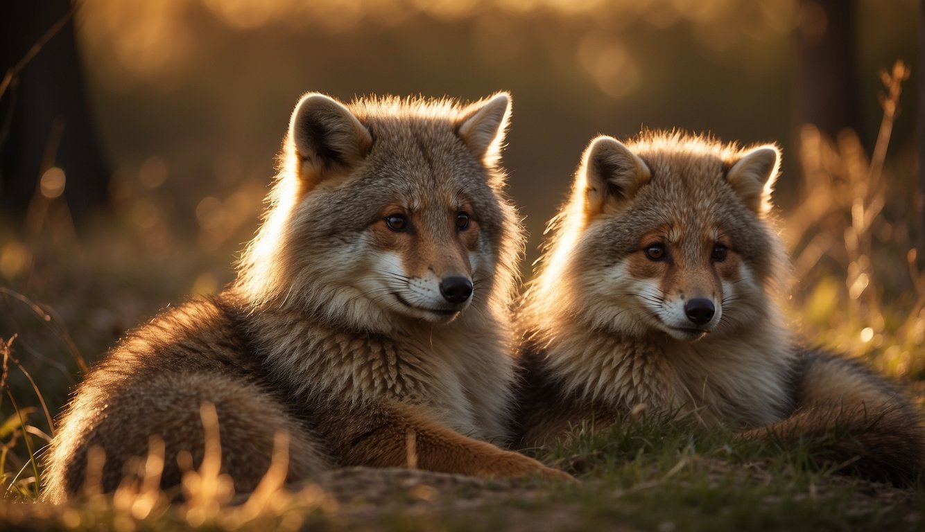 Mammals huddle together in a cozy, sunlit clearing, their fur glistening with warmth as they bask in the golden glow