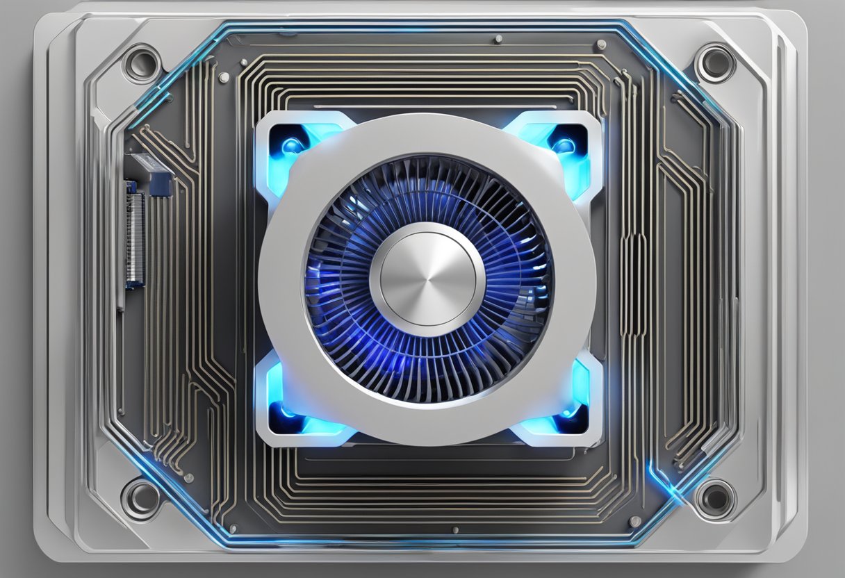 A CPU air cooler sits atop a processor, with no fan attached. Heat radiates from the cooler as it absorbs and dissipates the CPU's thermal energy