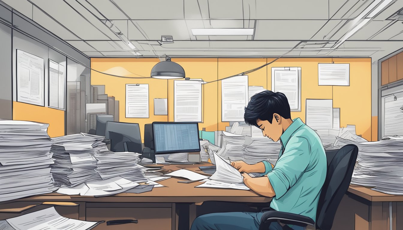 A person in distress fills out paperwork at a legal office in Singapore, seeking an emergency loan. The atmosphere is tense, with documents scattered and a sense of urgency in the air