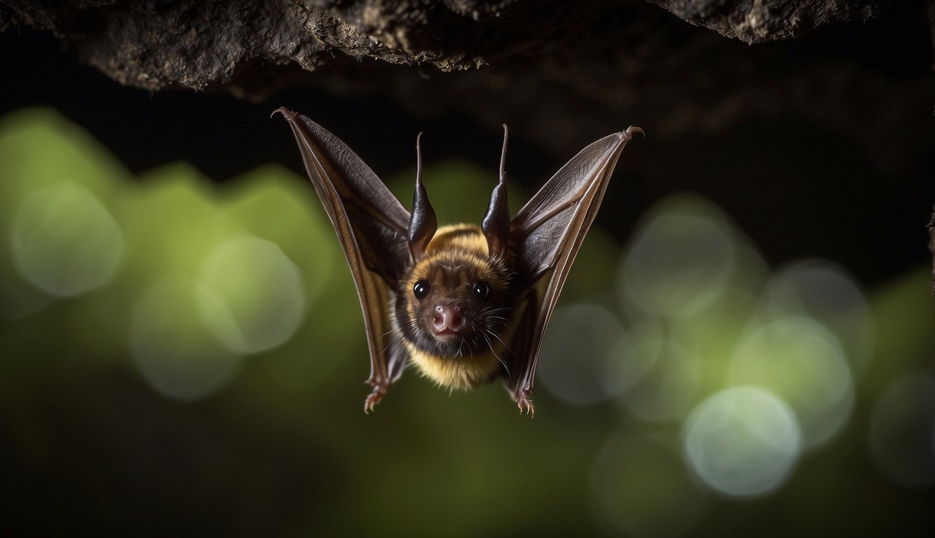 A tiny bumblebee bat hangs upside down in a dark cave, its wings folded tightly against its body.

It is the smallest mammal in the world, barely the size of a bumblebee