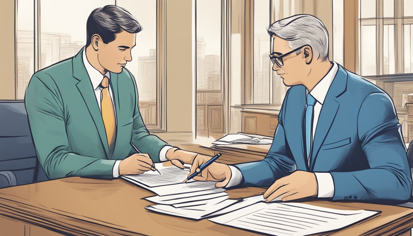 A person signing a legal document with a financial advisor discussing loan options