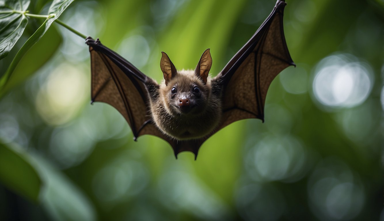 A tiny bat hangs upside down from a leaf in a dense tropical forest, its small body barely visible against the green foliage