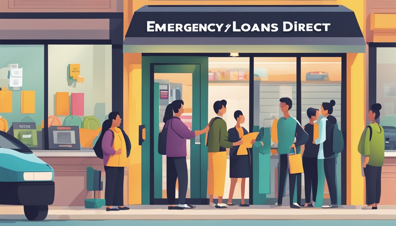 People lining up outside a storefront with a sign reading "Emergency Payday Loans Direct Lender Singapore." A clerk inside assists a customer