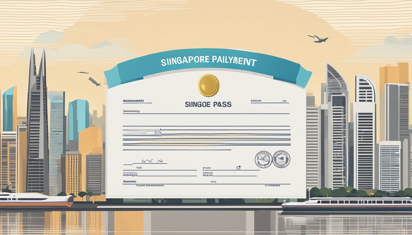 A contract with "Minimum Salary Requirement" and "Singapore Employment Pass" stamp, with a skyline in the background