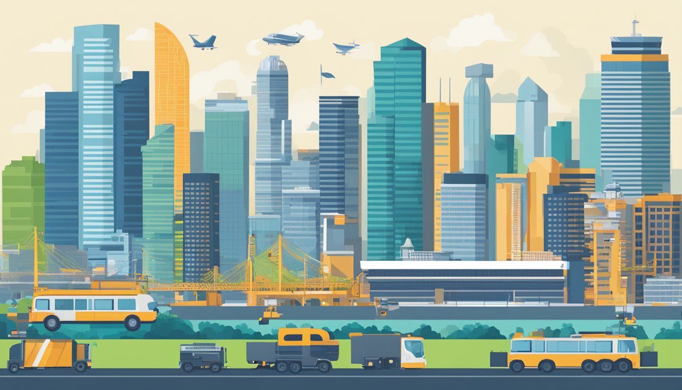 A bustling city skyline with various industry buildings, representing the economic impact and sector-specific requirements for employment pass minimum salary in Singapore