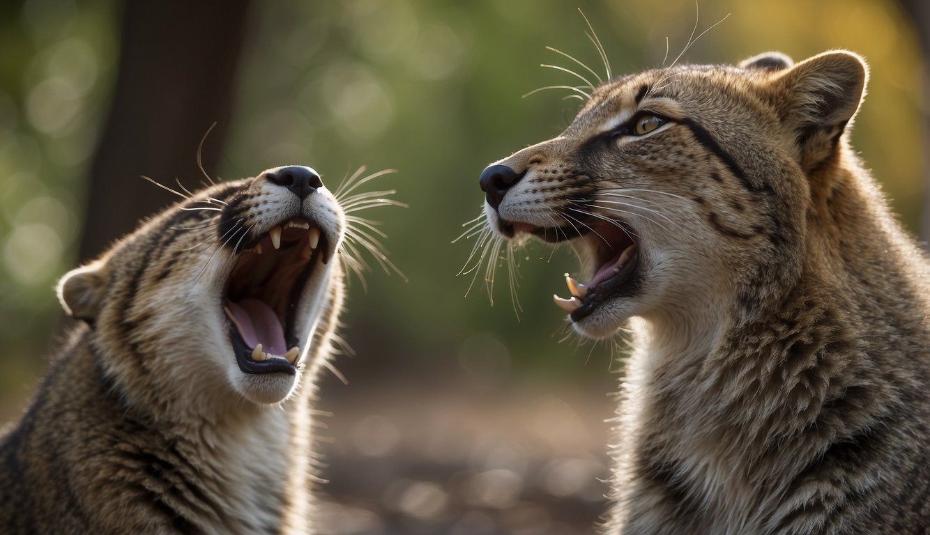 Mammals use vocalizations, body language, and scent marking to communicate.

Two animals could be shown facing each other, one emitting a call while the other responds with a gesture or scent marking