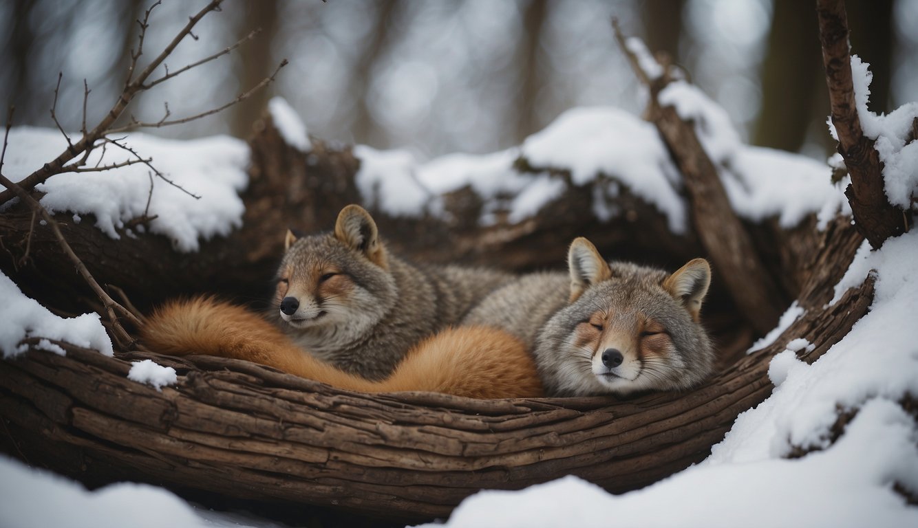Animals sleeping in a cozy den, surrounded by snow and bare trees