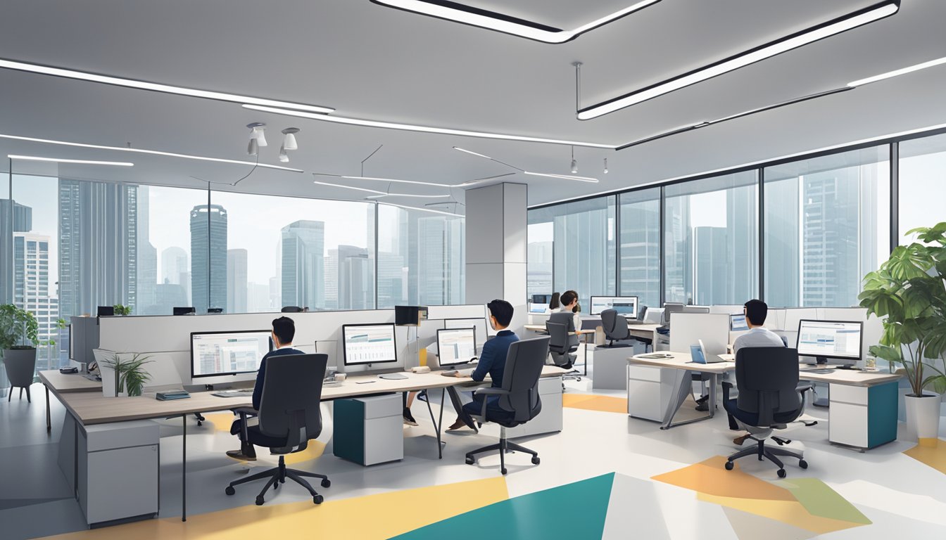 A sleek and modern office space in Singapore, with the Endowus logo prominently displayed on the wall. A team of professionals working diligently at their desks, surrounded by charts and graphs