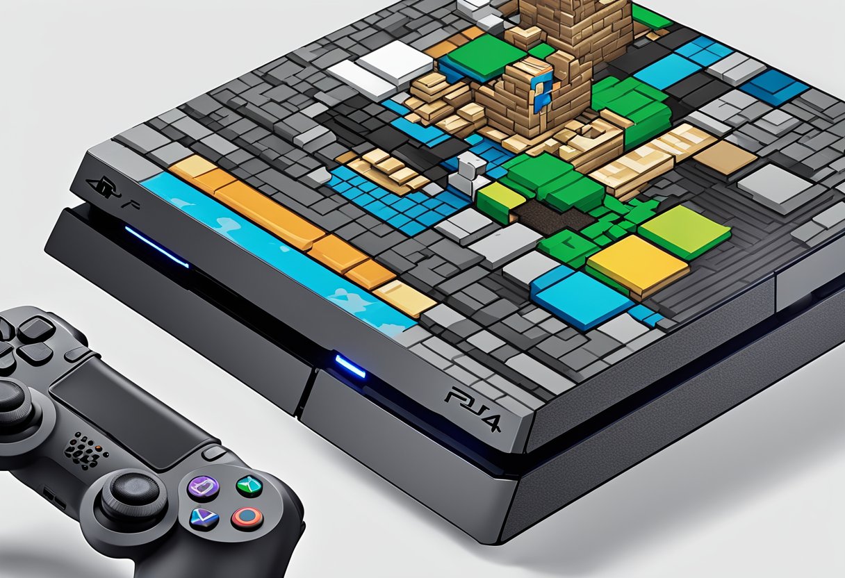 A PS4 console with Minecraft game case displayed, showcasing availability and versions